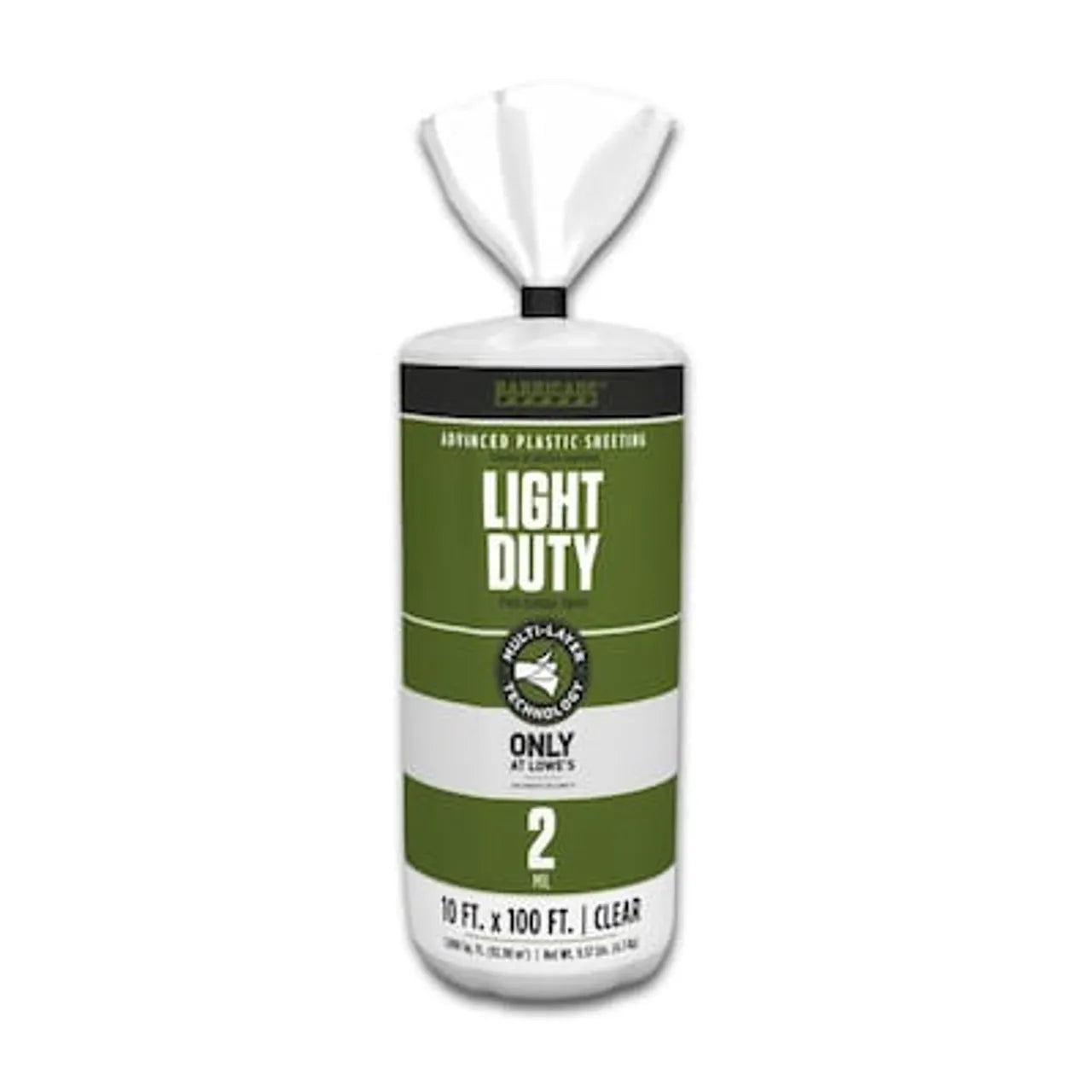 A roll of Go Build 10 ft. x 100 ft. Clear Plastic Sheeting, ideal as a drop cloth or dust cover. Light duty, 2 mil thick, and packaged in green and white from The Fastest Way To Build brand. Available only at Lowes.